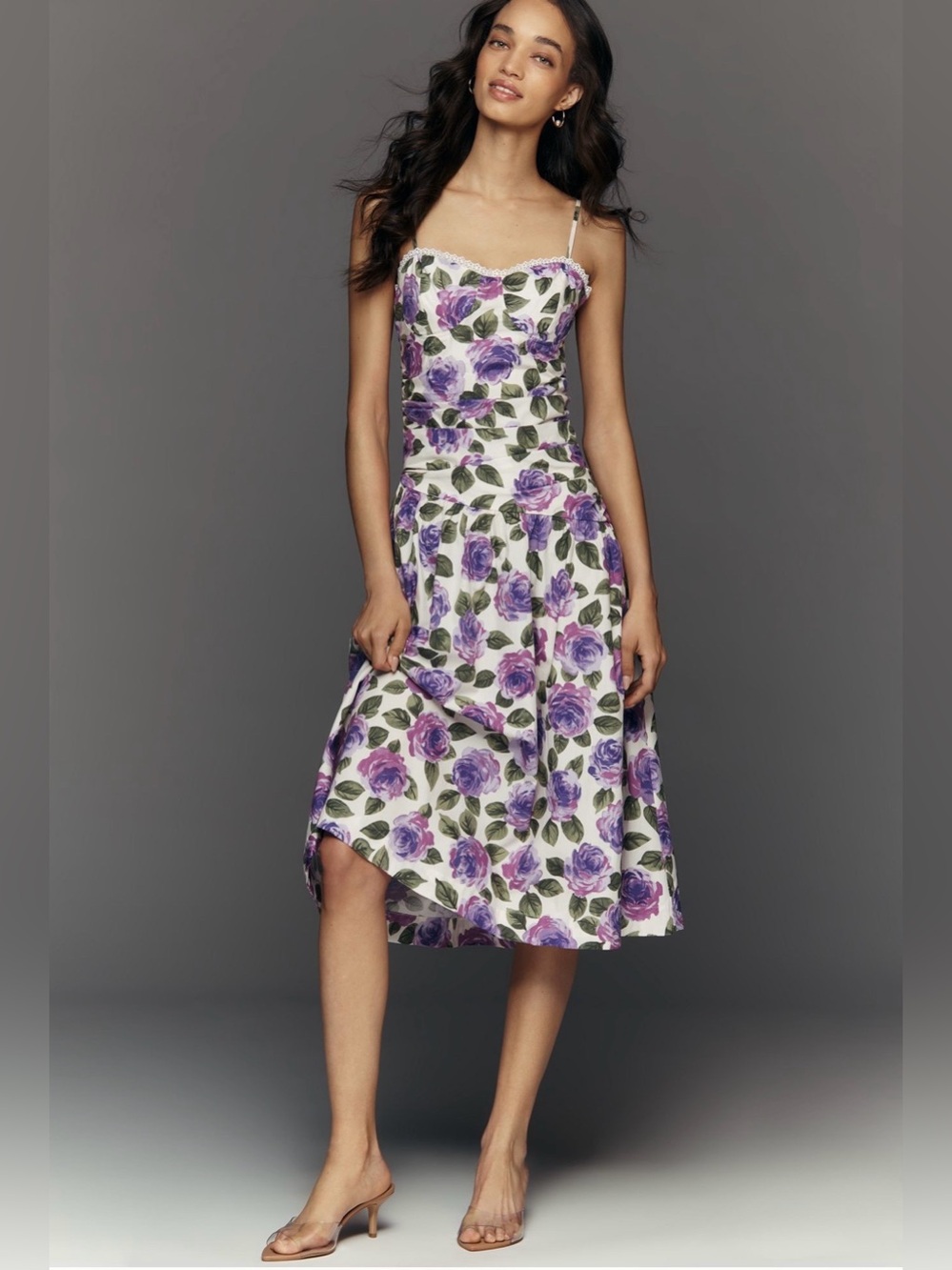 Maeve Cotton Floral Purple Rose Midi Dress